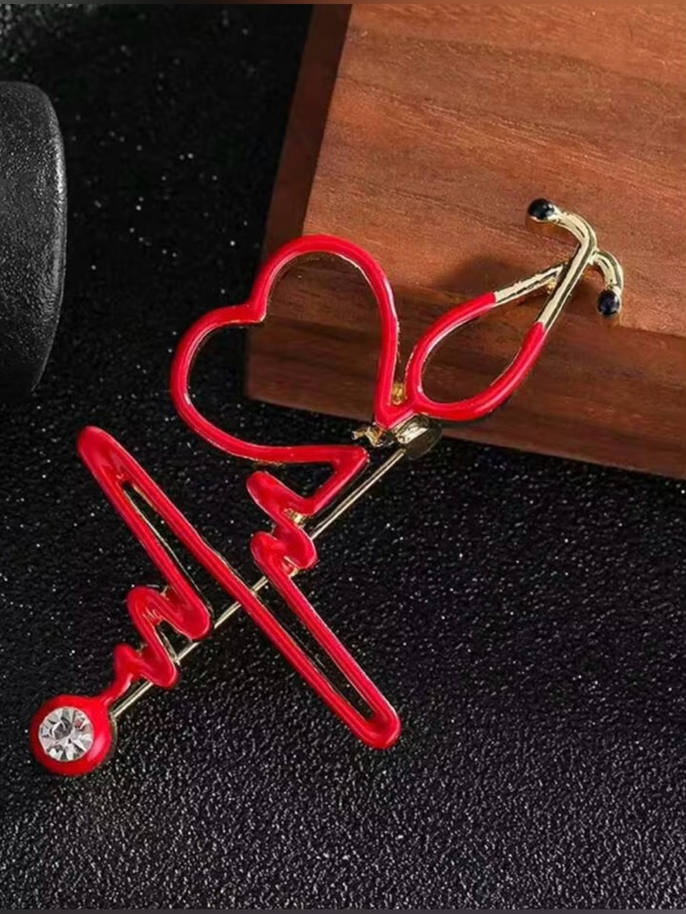 Electrocardiogram, Heartbeat, Stethoscope Lapel Pin Brooch -Red & Crystal Accent